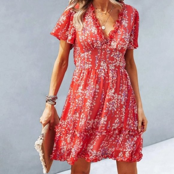 MODA ME COUTURE Dresses & Skirts - Red Cottagecore Boho Floral Print Frill Trim Dress